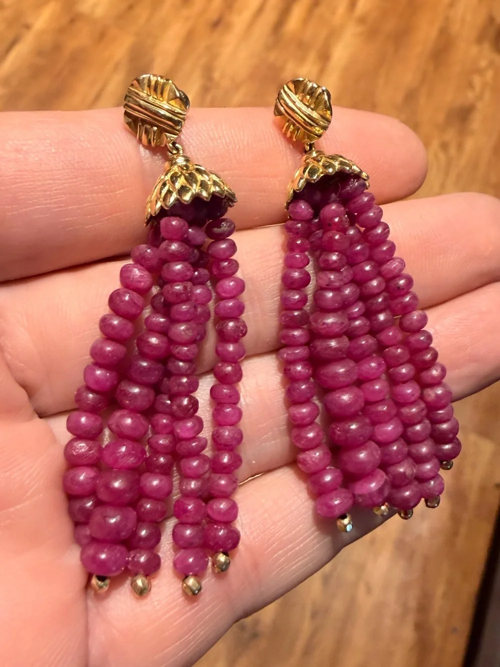 Ruby 22k Gold Earrings from India. Stunning Tassel Earrings - Women Jewelry - Picture 10 of 14